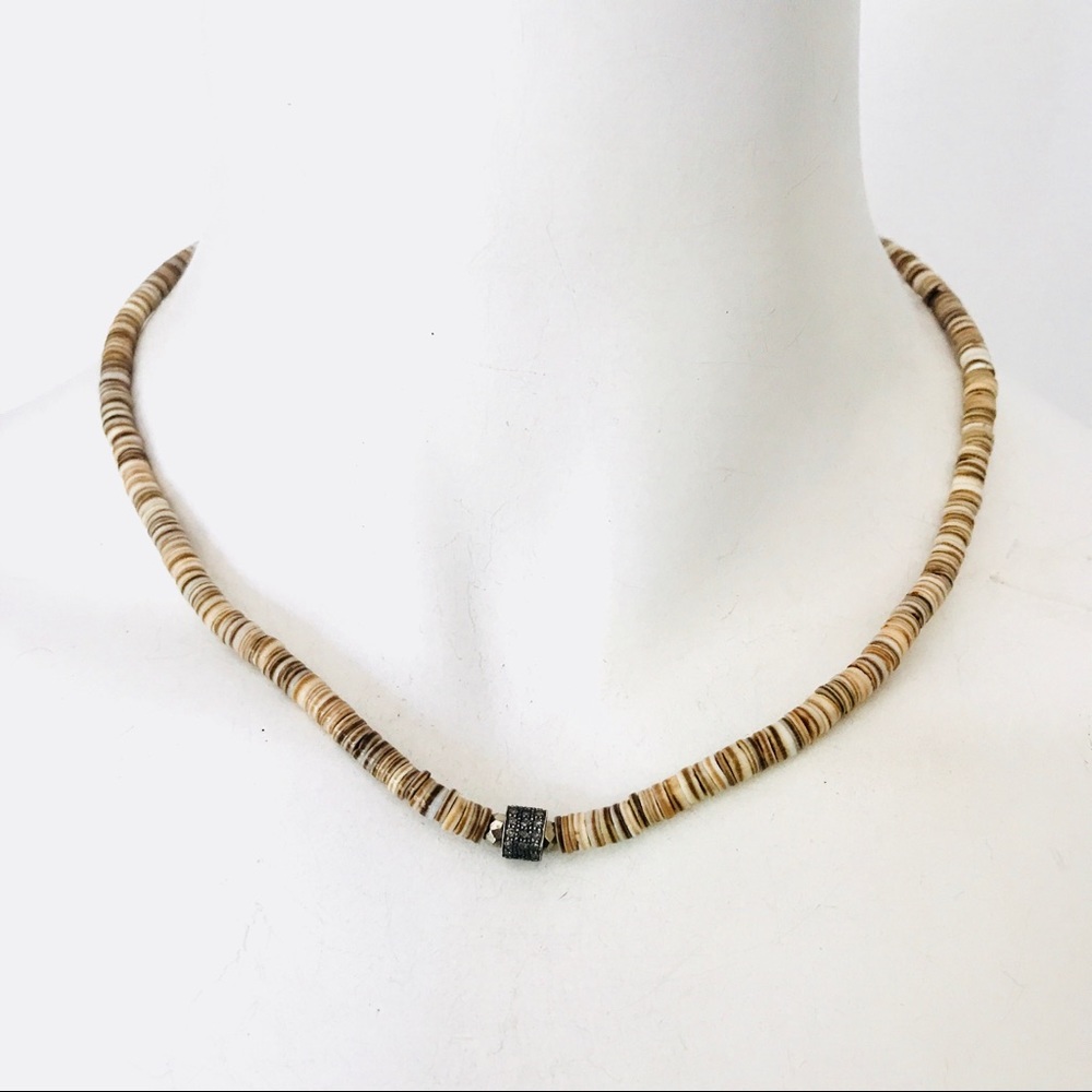 pave diamond heishi shell necklace